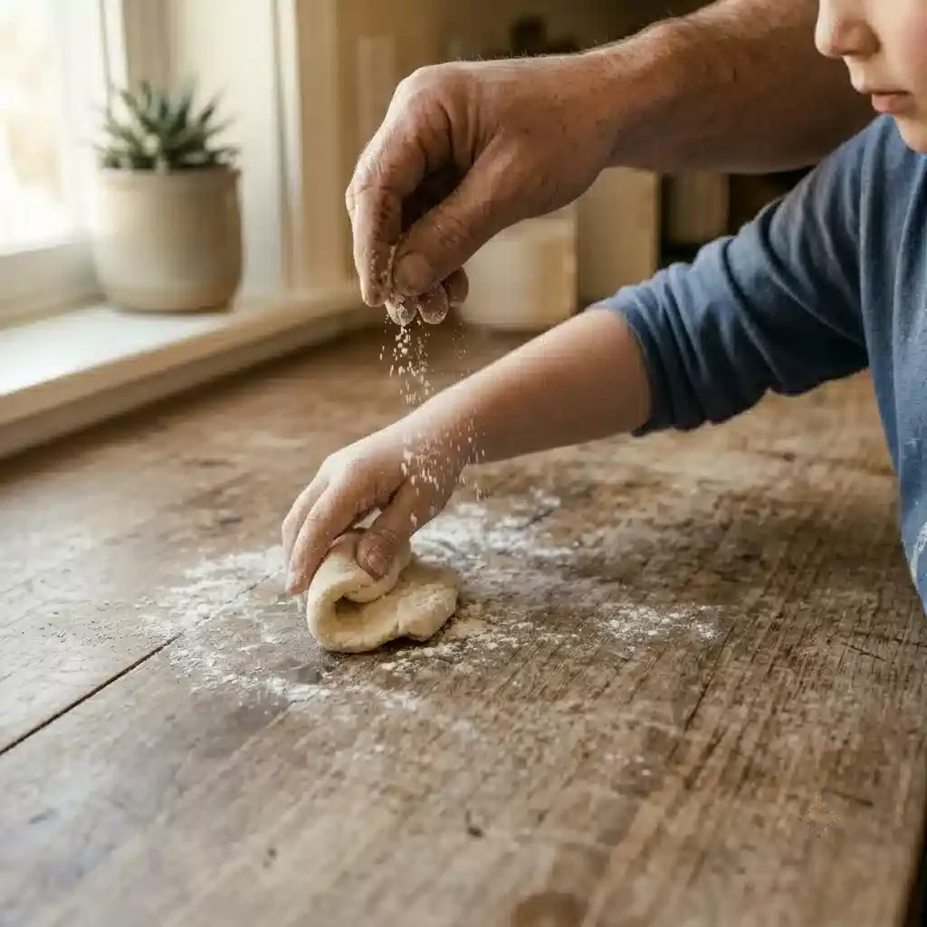 Manos padre e hijo amasando